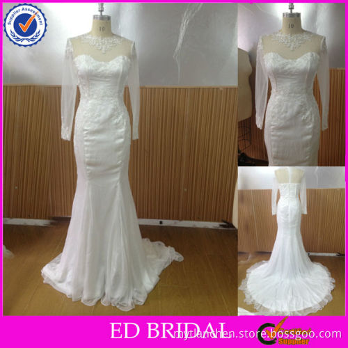 NC230 2014 Classic Jewel Neck Short Train Real Sample Chiffon Wedding Dresses Mermaid Long Sleeve